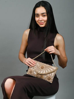 Odette - Gold Polyester Embellished Hand Bag