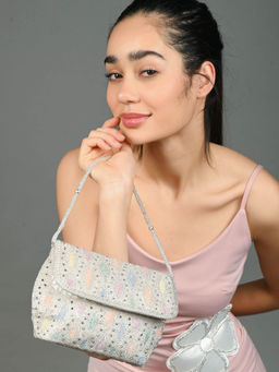 Odette - White Polyester Embellished Hand Bag