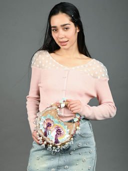 Odette - Gold Polyester Embellished Hand Bag