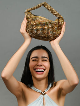 Odette - Gold Polyester Embellished Hand Bag