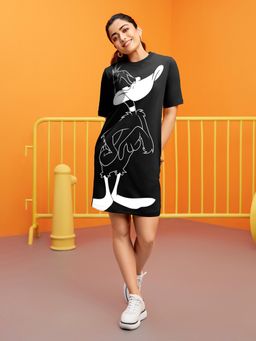 Bewakoof - Official Looney Tunes Women's Black Daffy Graphic Printed Oversized Dress
