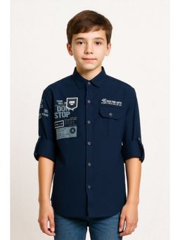 CAVIO - Boys Navy Blue Regular Fit Collar Neck Full Sleeves Printed Shirt