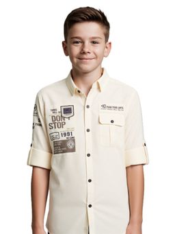 CAVIO - Boys Cream Regular Fit Collar Neck Full Sleeves Printed Shirt