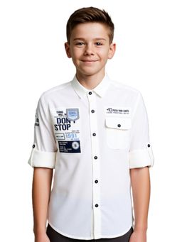 CAVIO - Boys White Regular Fit Collar Neck Full Sleeves Printed Shirt