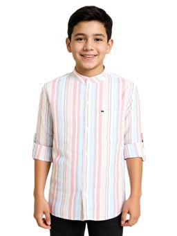 CAVIO - Boys Pink Regular Fit Mandarin Collar Full Sleeves Striped Shirt