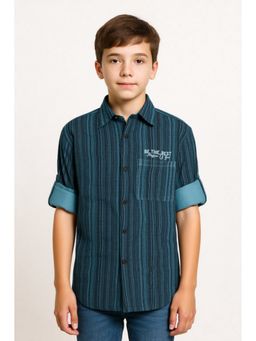 CAVIO - Boys Blue Regular Fit Striped Printed Full Sleeves Textured Shirt