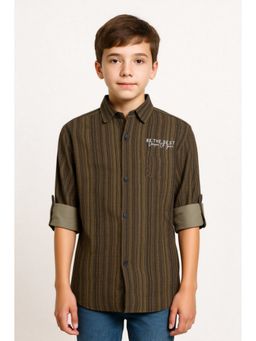 CAVIO - Boys Khaki Regular Fit Striped Printed Full Sleeves Textured Shirt