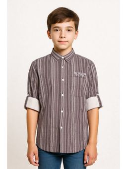 CAVIO - Boys Maroon Regular Fit Striped Printed Full Sleeves Textured Shirt