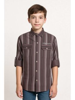 CAVIO - Boys Brown Regular Fit Striped Printed Full Sleeves Textured Shirt