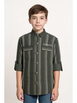 CAVIO - Boys Green Regular Fit Striped Printed Full Sleeves Textured Shirt