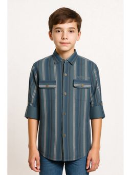 CAVIO - Boys Blue Regular Fit Striped Printed Full Sleeves Textured Shirt