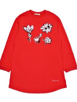 Marni - Girls Red Fleece Sequined Flowers Dress
