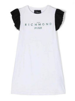 John Richmond - Girls White Cotton Glittery Logo Printed Dress