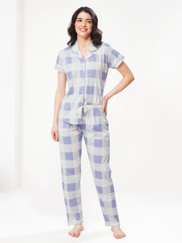LOTIK - Women'S Cotton Purple Checkered Printed Front Open Half Sleeve Shirt and Pyjama