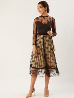 ANVI Be Yourself - Women Cream-Coloured & Black Self-design A-line Midi Skirt