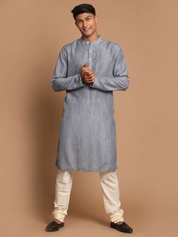 Vastramay - Men Grey And Cream Cotton Blend Kurta Pyjama (Set of 2)
