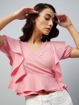 DELAN - Flutter Sleeve V-Neck Wrap Crop Top