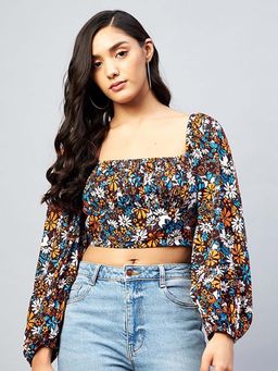 DELAN - Floral Print Square Neck Long Puff Sleeve Smocking Crop Top