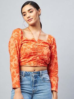 DELAN - Floral Print Halter Neck Long Puff Sleeve Crop Top