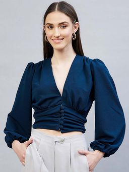 DELAN - V-Neck Puff Sleeve Cinched Waist Crop Top