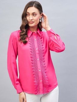 DELAN - Shirt Collar Cuffed Sleeves Lace Inserts Detailed Shirt Style Top