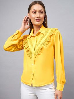 DELAN - Women Yellow Crepe Shirt Style Top