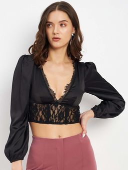 DELAN - V-Neck Lcae Detail Bralette Satin Crop Top