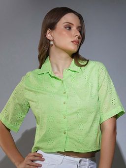 DELAN - Floral Self Design Cotton Shirt Style Crop Top