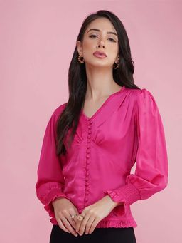 DELAN - Pink Ruffles Smocked Shirt Style Top
