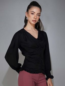 DELAN - Women Black Ruffles Smocked Top