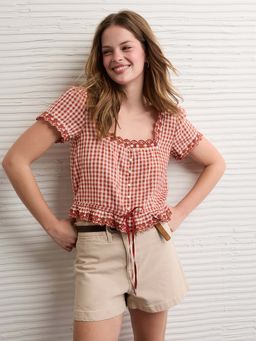 American Eagle - Ae Short-Sleeve Button-Up Crop Top