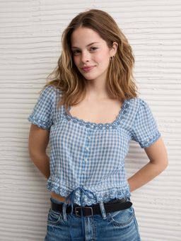 American Eagle - Ae Short-Sleeve Button-Up Crop Top