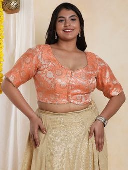 SALWAR STUDIO - Women's Orange Brocade Readymade Saree Blouse