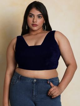 SALWAR STUDIO - Women's Navy Blue Velvet Readymade Saree Blouse