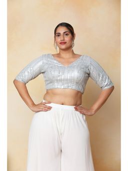 SALWAR STUDIO - Women's Silver Silk Blend Readymade Saree Blouse