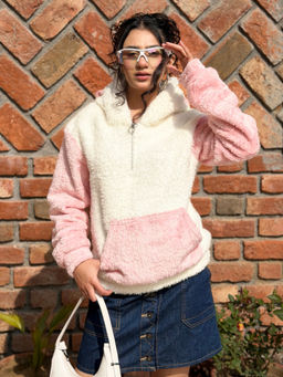 Tandul - Women Solid White and Pink Fur Hoodie
