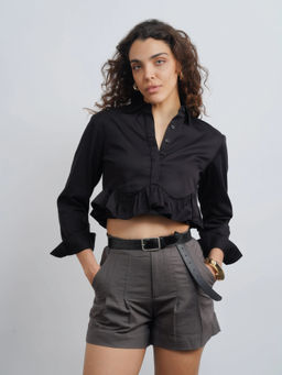 Cove and Lane - Ruffle Cotton Black Crop Shirt