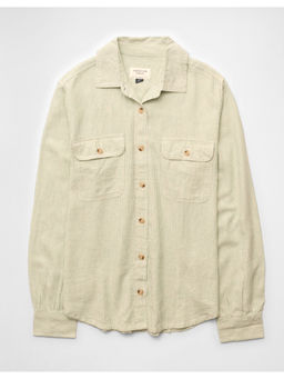 American Eagle - Linen-Blend Button-Up Beige Shirt