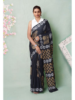 Unnati Silks - Black Pure Hand Block Printed Soft Cotton Saree with Unstitched Blouse