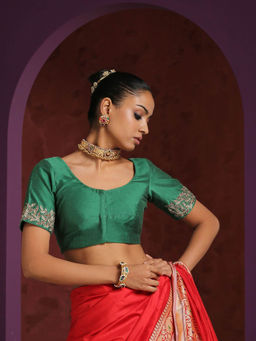 WeaverStory - Green Pure Silk Hand Embroidered Zardozi Blouse
