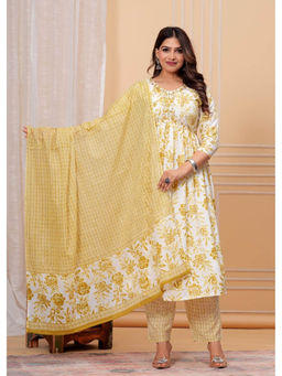 ART AVENUE - Floral Printed Mustard Sequinned Anarkali Kurta with Pant and Dupatta