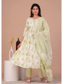 ART AVENUE - Floral Printed Green Sequinned Anarkali Kurta with Pant and Dupatta