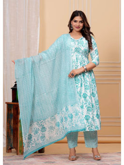 ART AVENUE - Floral Printed Blue Sequinned Anarkali Kurta with Pant and Dupatta