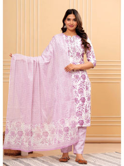 ART AVENUE - Printed Lavender Alia Straight Cut Rayon Kurta with Pant and Dupatta