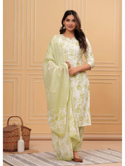 ART AVENUE - Printed Pista Alia Straight Cut Rayon Kurta with Pant and Dupatta