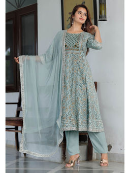 ART AVENUE - Floral Printed Grey Makdi Anarkali Kurta with Pant and Dupatta