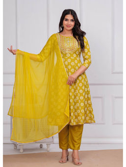 ART AVENUE - Ethnic Motifs Printed Mustard Anarkali Kurta with Pant and Dupatta