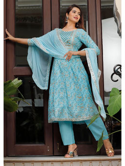 ART AVENUE - Floral Printed Blue Makdi Anarkali Kurta with Pant and Dupatta