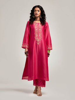 Anantaa by Roohi Trehan - Embroidered Placket Kurta with Pant - Magenta