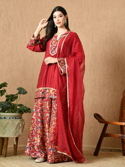 KELIN - Iraaya Straight Kurta With Brocade Palazzo And Dupatta - Maroon